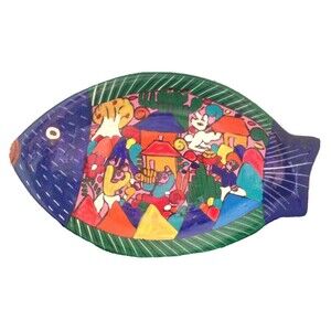 Talavera Mexican Pottery Vintage Fish Plate Wall‎ Hanging Folk Art Village Scene